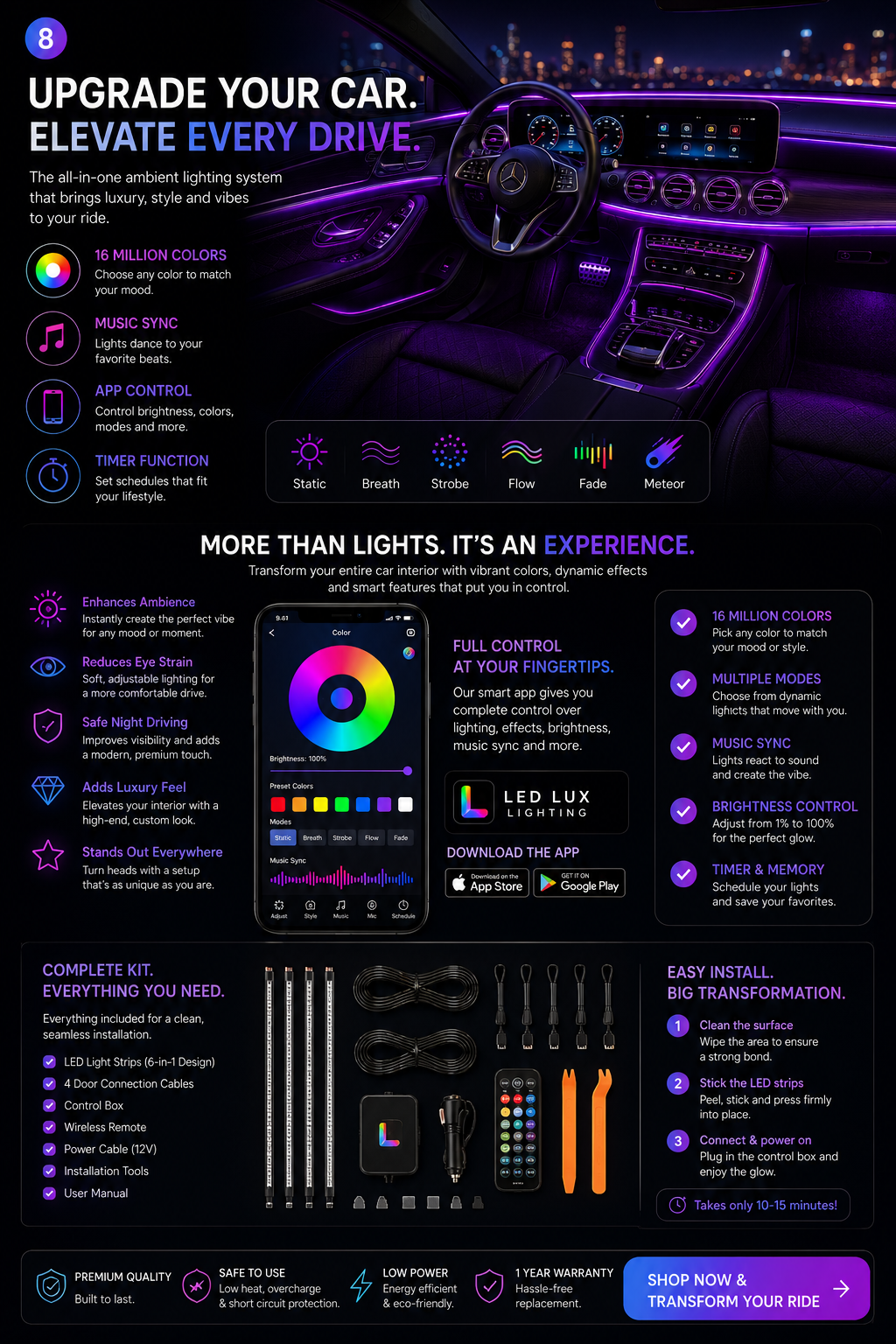 GlowDrive™ RGB Interior Lights – 16M Colors + Music Sync