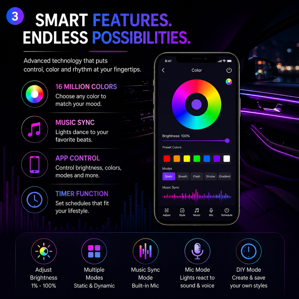 GlowDrive™ RGB Interior Lights – 16M Colors + Music Sync