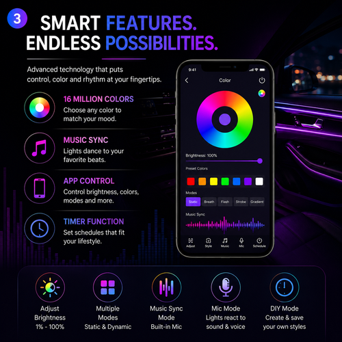 GlowDrive™ RGB Interior Lights – 16M Colors + Music Sync