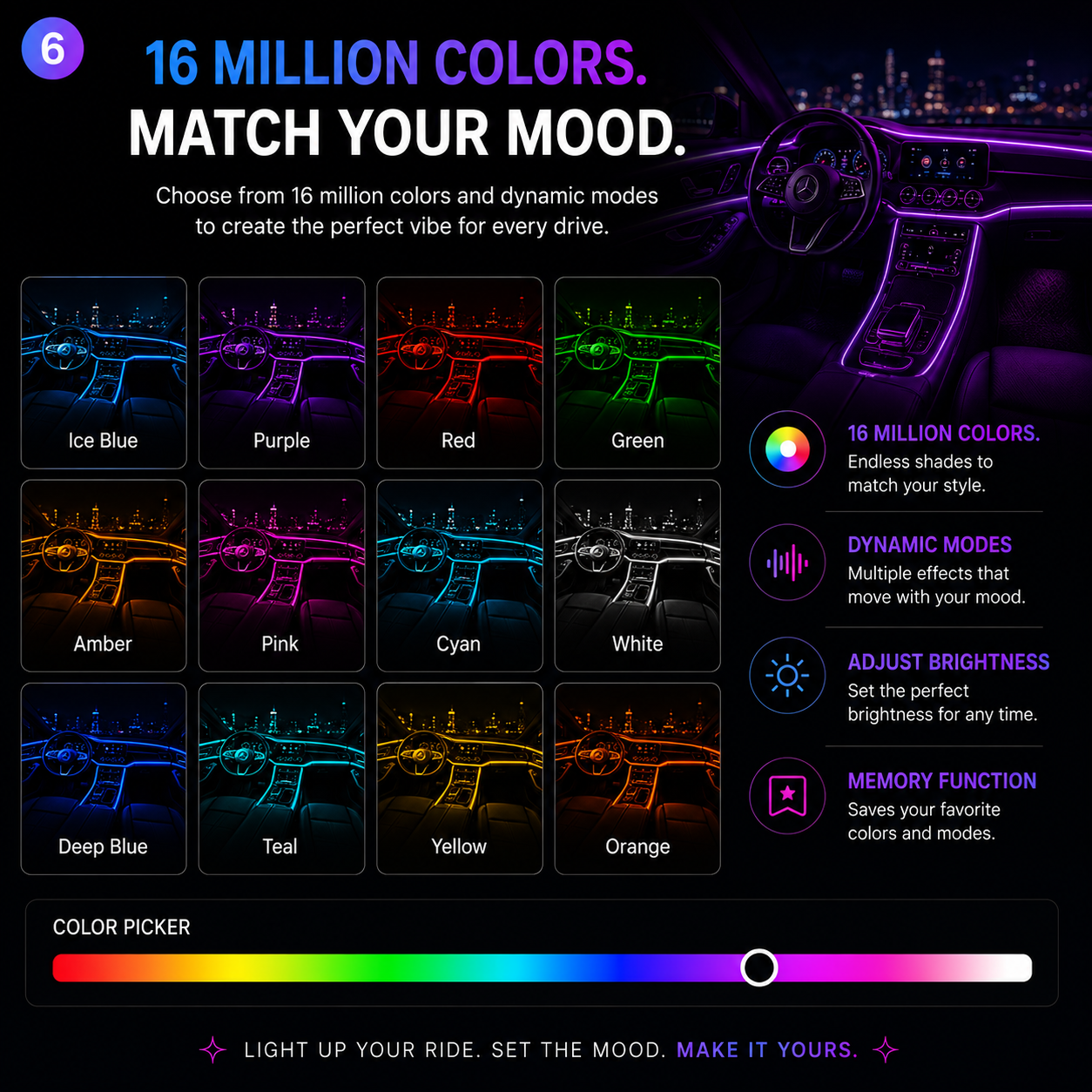 GlowDrive™ RGB Interior Lights – 16M Colors + Music Sync